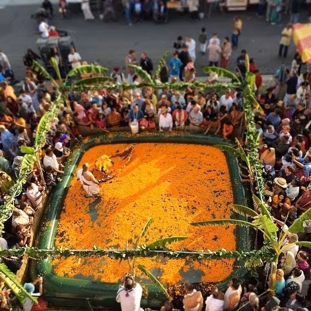 Aerial view of boat festival with crowds