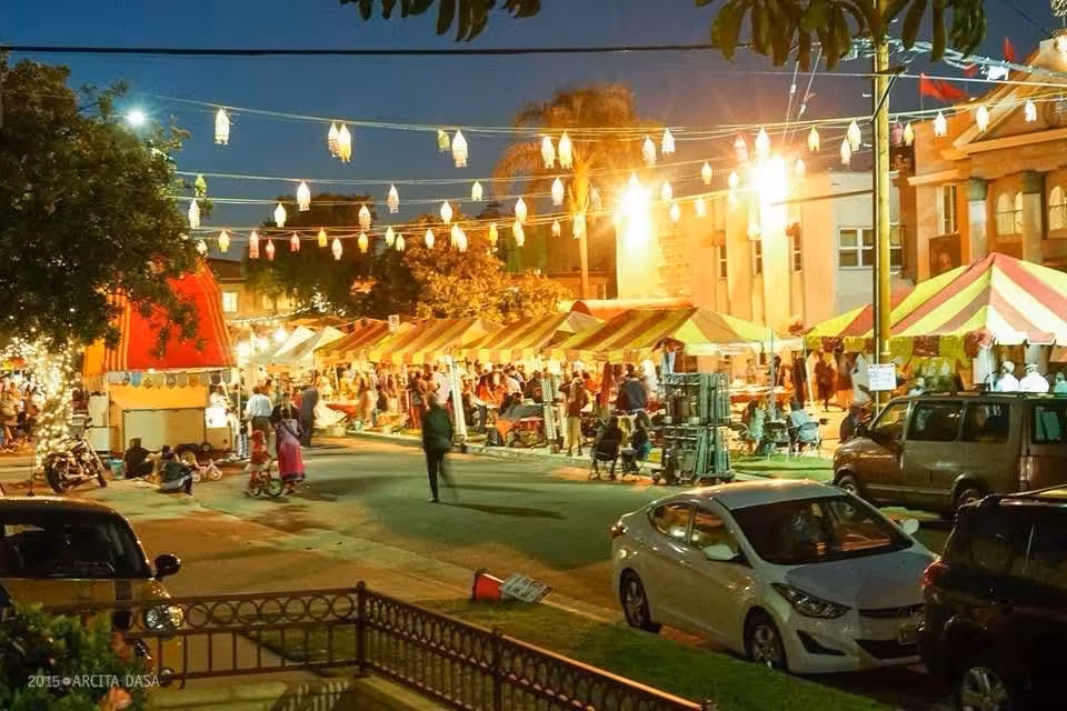 Festival evening atmosphere with tents and lights