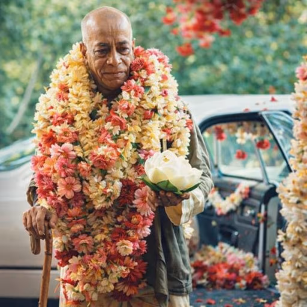 Srila Prabhupada adorned with beautiful flower garlands, holding a lotus